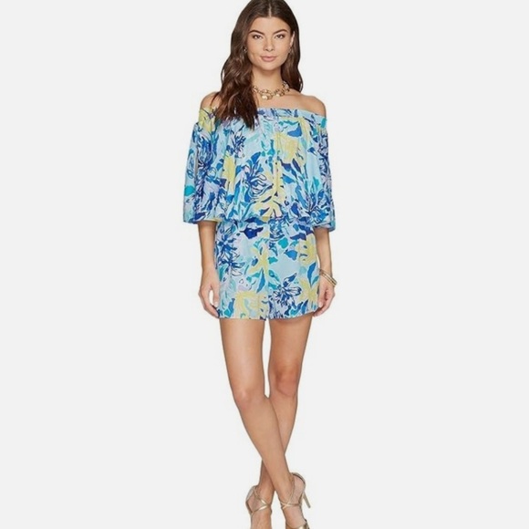 Lilly Pulitzer Blue Arbelle Tropical Print Off the Shoulder Romper - Picture 1 of 6